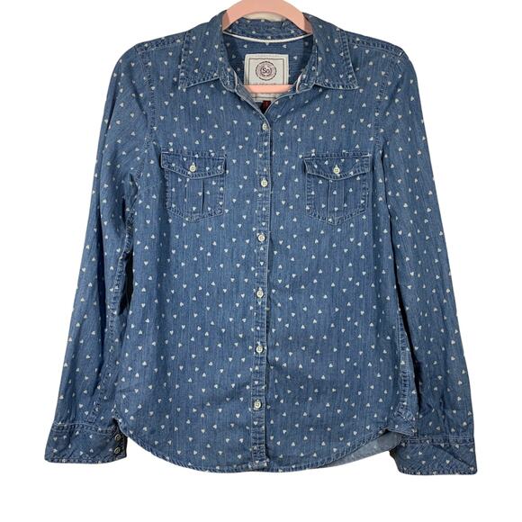 SO Chambray Blue Button Down Shirt White Hearts Medium - Picture 1 of 7